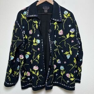 Women Y2K Bohemian Linen Embroidered Jacket 1X Black Floral Cottagecore‎ Artsy